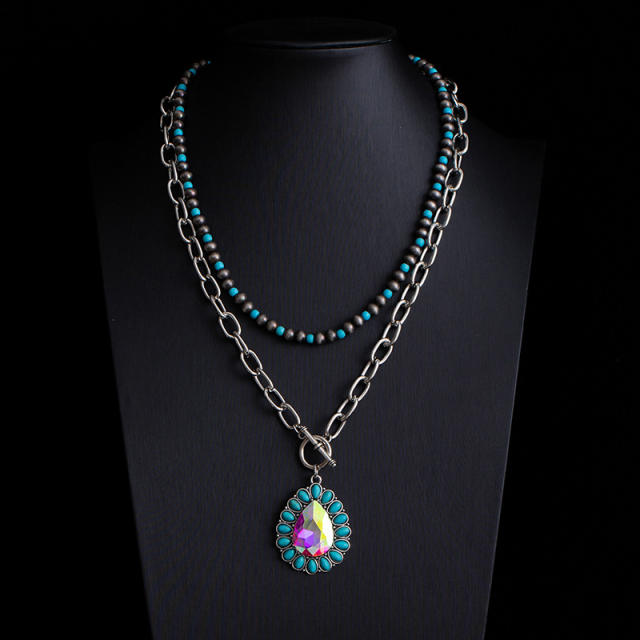 Boho vintage national style faux turquoise bead necklace layer necklace