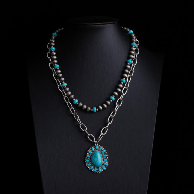Boho vintage national style faux turquoise bead necklace layer necklace