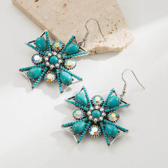 Boho turquoise bead inlaid cross shape holiday party earrings