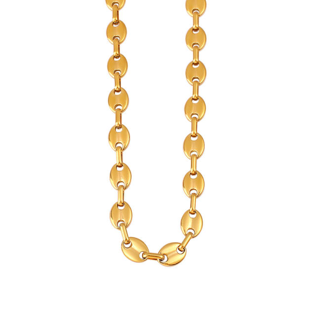 Hot-Selling Coffee Bean Hip-Hop 18K Gold stainless Steel Necklace Bracelet Set Stainless Steel Pig Nose Jewelry