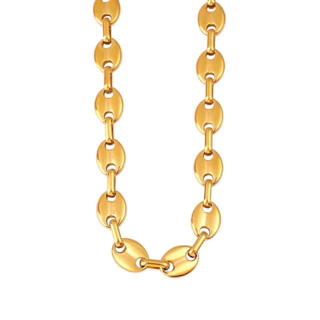 Hot-Selling Coffee Bean Hip-Hop 18K Gold stainless Steel Necklace Bracelet Set Stainless Steel Pig Nose Jewelry
