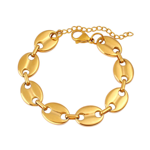 Hot-Selling Coffee Bean Hip-Hop 18K Gold stainless Steel Necklace Bracelet Set Stainless Steel Pig Nose Jewelry