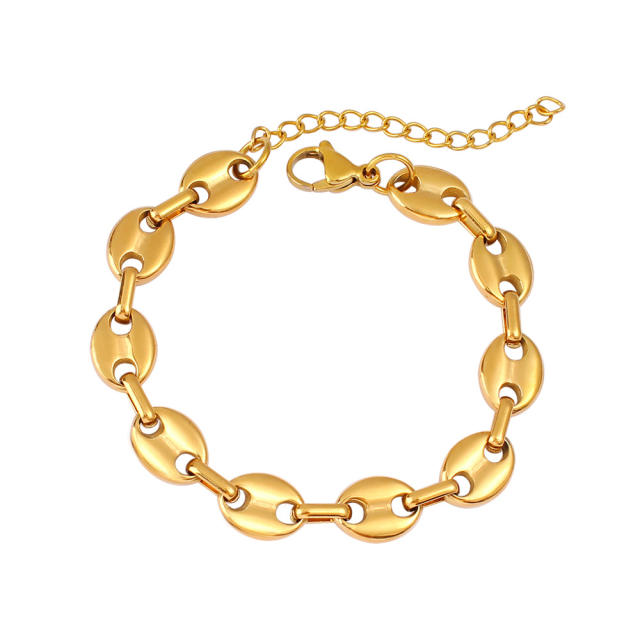 Hot-Selling Coffee Bean Hip-Hop 18K Gold stainless Steel Necklace Bracelet Set Stainless Steel Pig Nose Jewelry