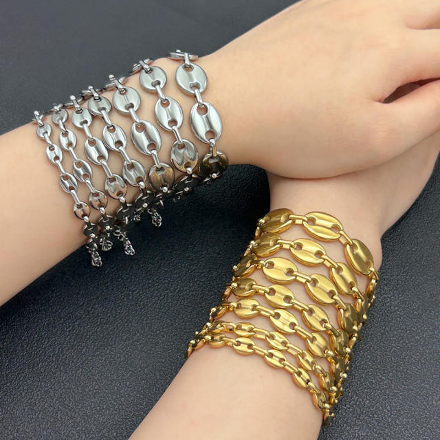 Hot-Selling Coffee Bean Hip-Hop 18K Gold stainless Steel Necklace Bracelet Set Stainless Steel Pig Nose Jewelry