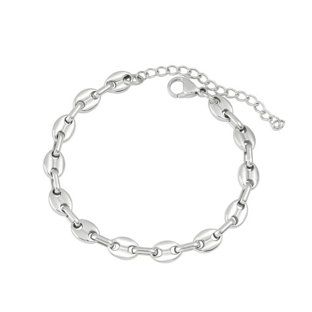 Hot-Selling Coffee Bean Hip-Hop 18K Gold stainless Steel Necklace Bracelet Set Stainless Steel Pig Nose Jewelry