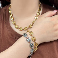 Hot-Selling Coffee Bean Hip-Hop 18K Gold stainless Steel Necklace Bracelet Set Stainless Steel Pig Nose Jewelry