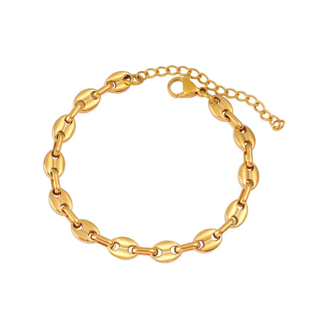 Hot-Selling Coffee Bean Hip-Hop 18K Gold stainless Steel Necklace Bracelet Set Stainless Steel Pig Nose Jewelry
