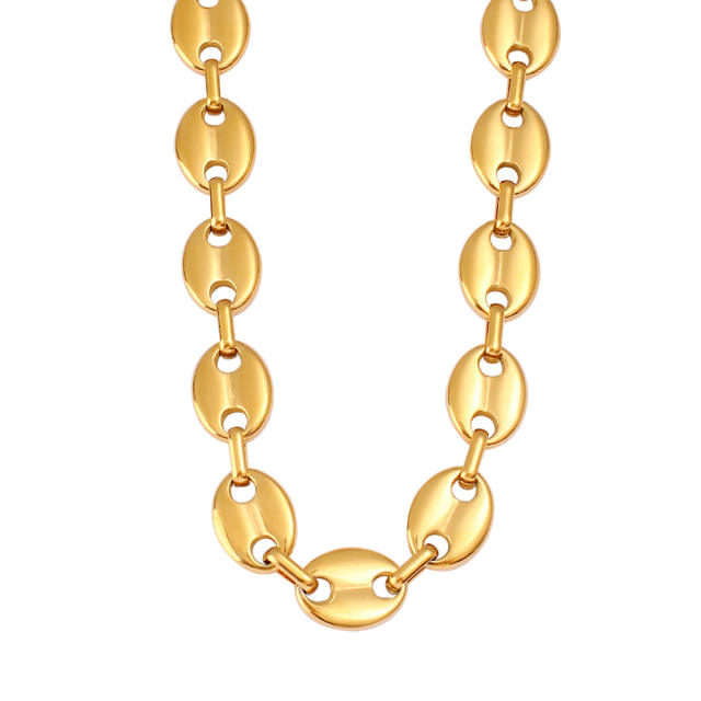Hot-Selling Coffee Bean Hip-Hop 18K Gold stainless Steel Necklace Bracelet Set Stainless Steel Pig Nose Jewelry