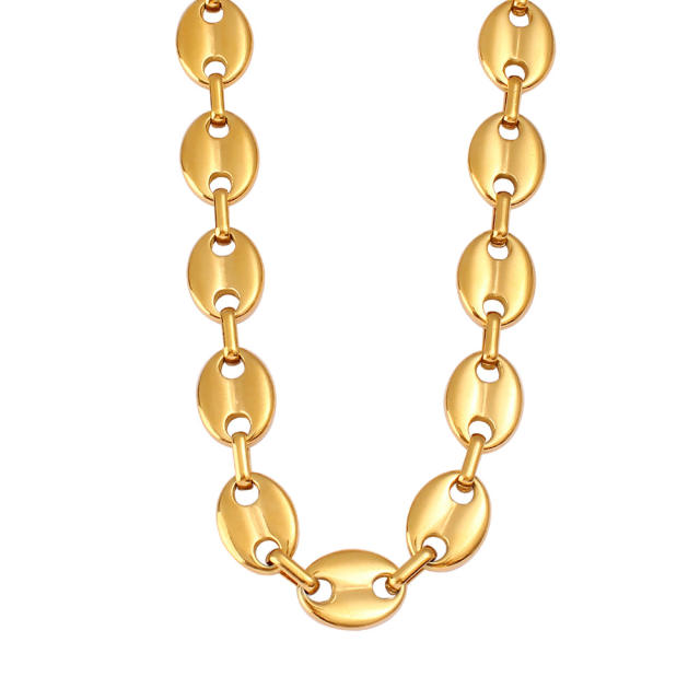 Hot-Selling Coffee Bean Hip-Hop 18K Gold stainless Steel Necklace Bracelet Set Stainless Steel Pig Nose Jewelry