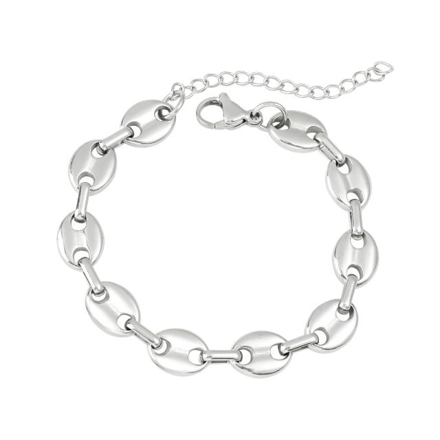 Hot-Selling Coffee Bean Hip-Hop 18K Gold stainless Steel Necklace Bracelet Set Stainless Steel Pig Nose Jewelry
