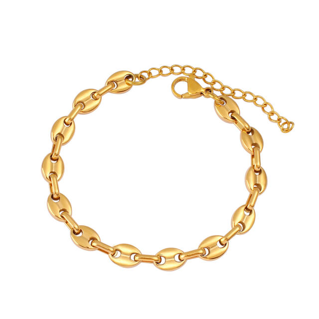 Hot-Selling Coffee Bean Hip-Hop 18K Gold stainless Steel Necklace Bracelet Set Stainless Steel Pig Nose Jewelry