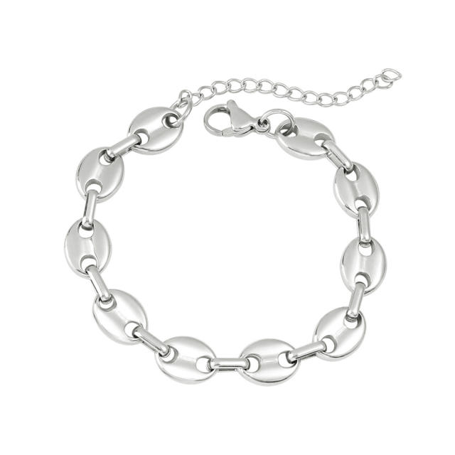 Hot-Selling Coffee Bean Hip-Hop 18K Gold stainless Steel Necklace Bracelet Set Stainless Steel Pig Nose Jewelry