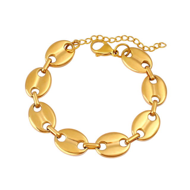 Hot-Selling Coffee Bean Hip-Hop 18K Gold stainless Steel Necklace Bracelet Set Stainless Steel Pig Nose Jewelry