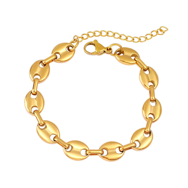 Hot-Selling Coffee Bean Hip-Hop 18K Gold stainless Steel Necklace Bracelet Set Stainless Steel Pig Nose Jewelry