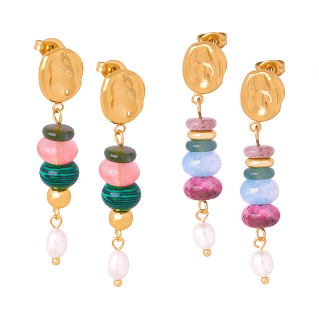 Colorful stone bead pearl bead stainless steel earrings