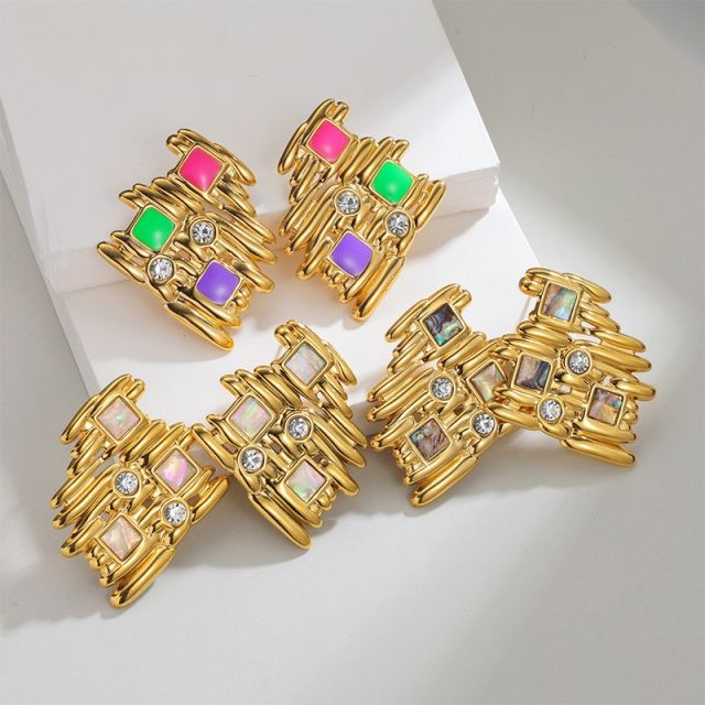 18KG geometric fold pattern enamel stainless steel earrings