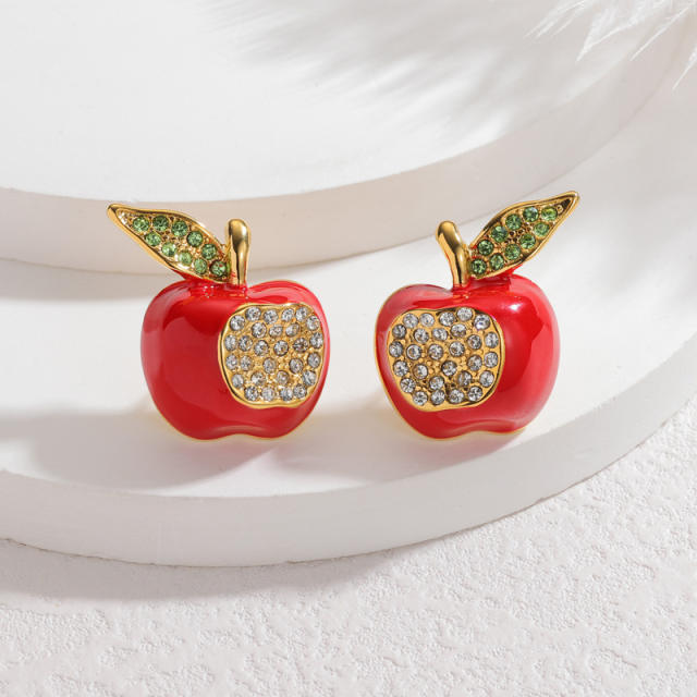 18KG red enamel cherry apple mushroom stainless steel studs earrings