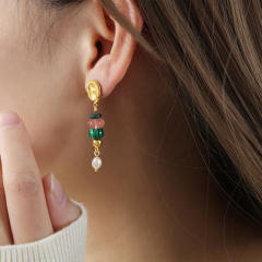 Colorful stone bead pearl bead stainless steel earrings