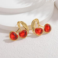 18KG red enamel cherry apple mushroom stainless steel studs earrings