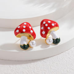 18KG red enamel cherry apple mushroom stainless steel studs earrings