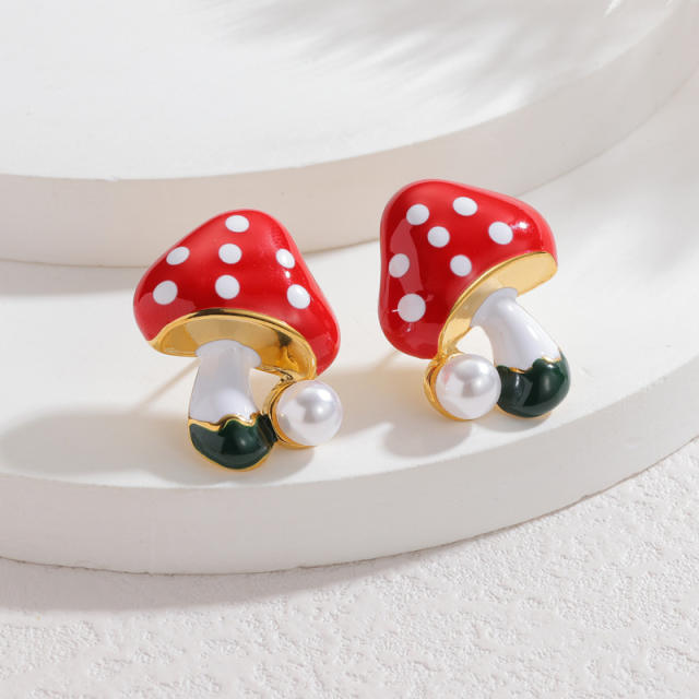 18KG red enamel cherry apple mushroom stainless steel studs earrings