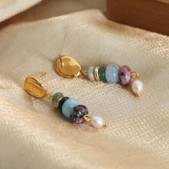Colorful stone bead pearl bead stainless steel earrings