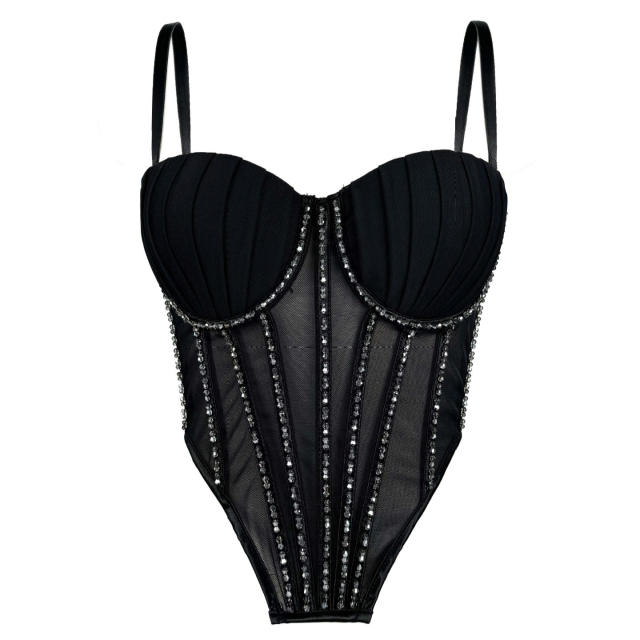Sexy Mesh Sling Inner Vest with Chest Pad Outer Wear Flash Diamond Fishbone corset tops camisole