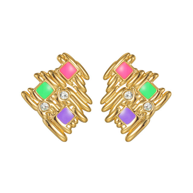 18KG geometric fold pattern enamel stainless steel earrings