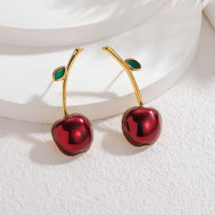 18KG red enamel cherry apple mushroom stainless steel studs earrings
