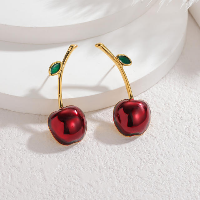 18KG red enamel cherry apple mushroom stainless steel studs earrings