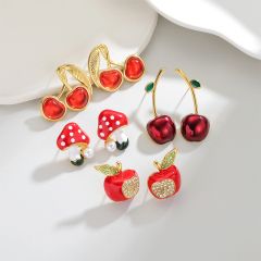 18KG red enamel cherry apple mushroom stainless steel studs earrings