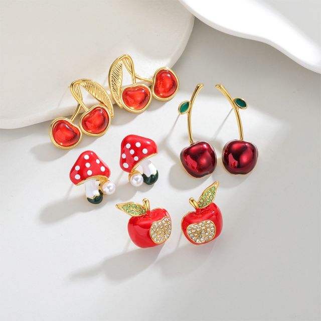 18KG red enamel cherry apple mushroom stainless steel studs earrings