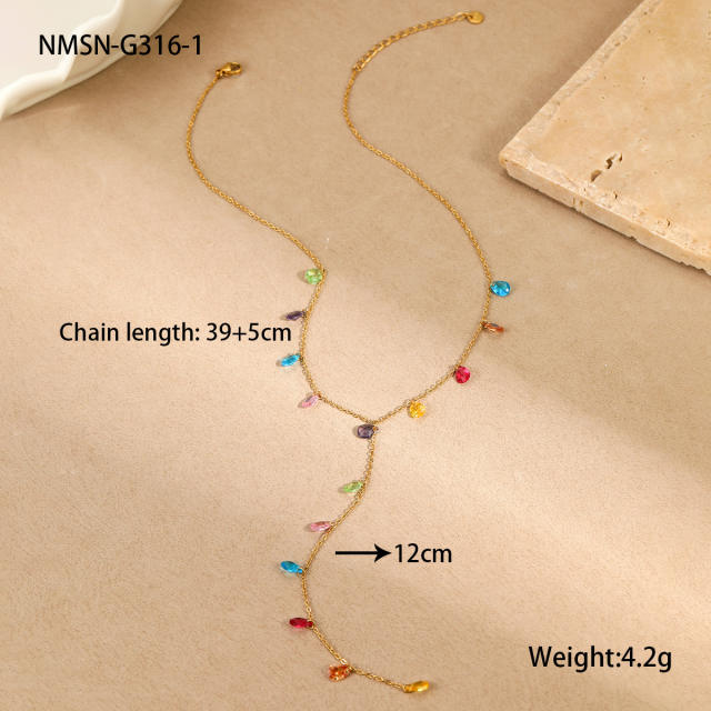 18KG colorful crystal charm Y shape stainless steel necklace