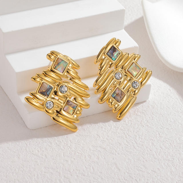 18KG geometric fold pattern enamel stainless steel earrings