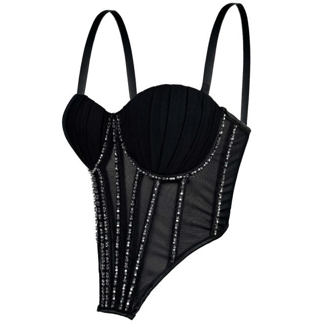 Sexy Mesh Sling Inner Vest with Chest Pad Outer Wear Flash Diamond Fishbone corset tops camisole