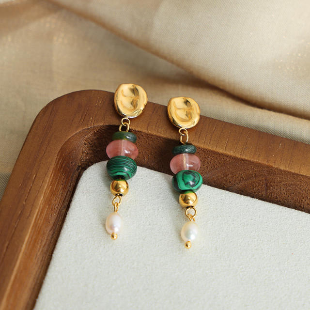 Colorful stone bead pearl bead stainless steel earrings