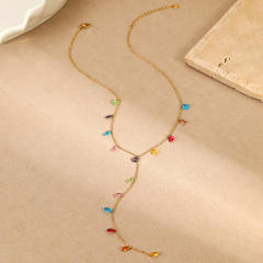 18KG colorful crystal charm Y shape stainless steel necklace