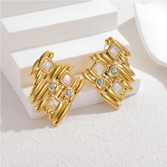 18KG geometric fold pattern enamel stainless steel earrings