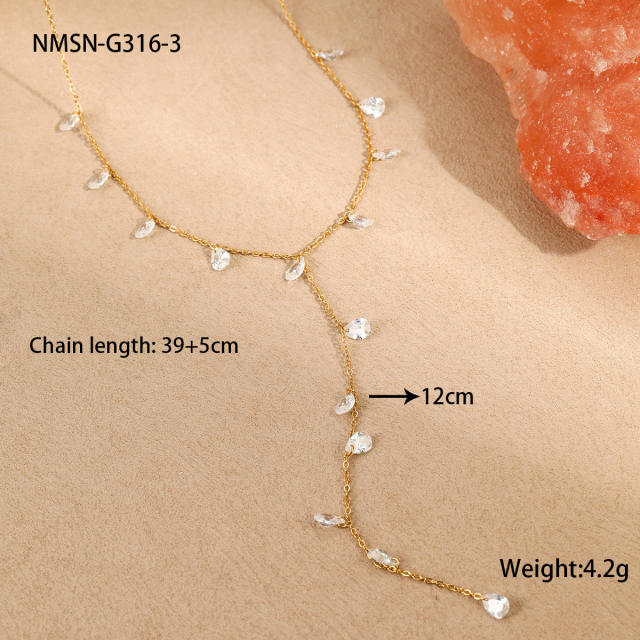 18KG colorful crystal charm Y shape stainless steel necklace