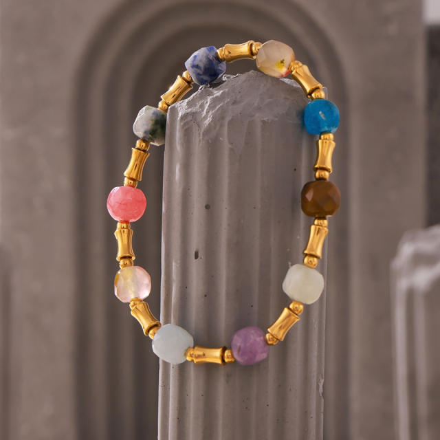 Boho colorful natural stone bead stainless steel bracelet elastic bracelet