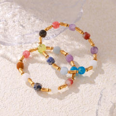 Boho colorful natural stone bead stainless steel bracelet elastic bracelet