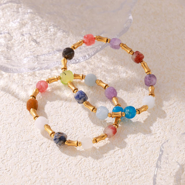 Boho colorful natural stone bead stainless steel bracelet elastic bracelet