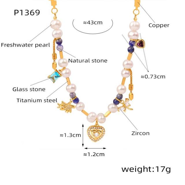 French Retro Natural Stone Freshwater Pearl Glass Stone Crystal stainless Steel necklace