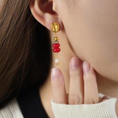 Colorful stone bead pearl bead stainless steel earrings