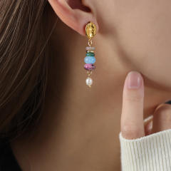 Colorful stone bead pearl bead stainless steel earrings