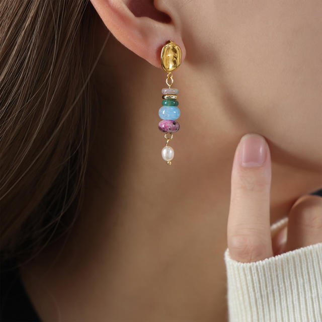 Colorful stone bead pearl bead stainless steel earrings