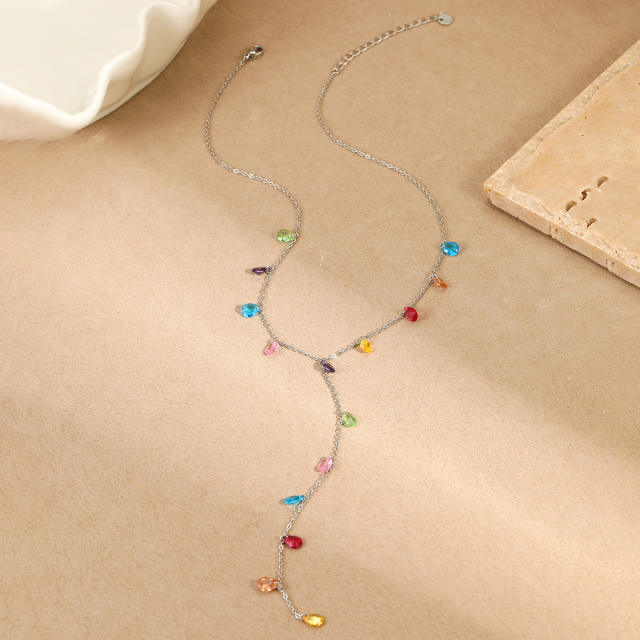 18KG colorful crystal charm Y shape stainless steel necklace