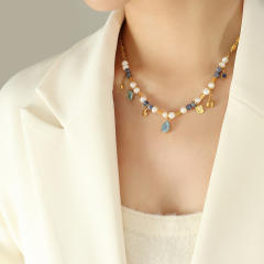 French Retro Natural Stone Freshwater Pearl Glass Stone Crystal stainless Steel necklace