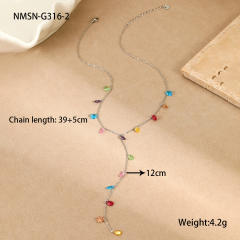 18KG colorful crystal charm Y shape stainless steel necklace