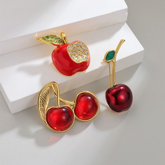 18KG hot sale red enamel cherry apple stainless steel brooch